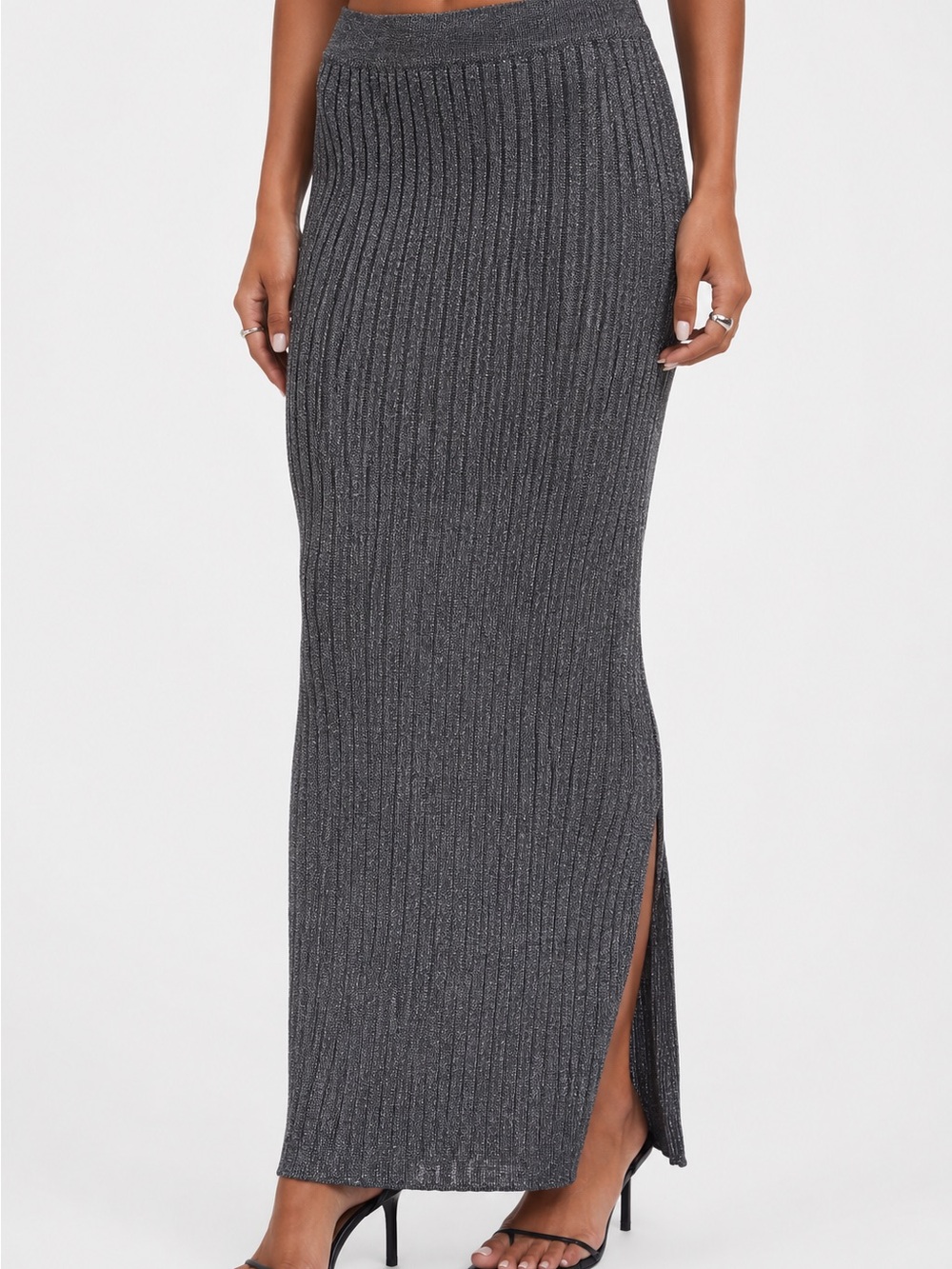 Topshop Metallic Rib Knit Maxi Skirt – NWT | Shimmer Gray Side Slit Skirt Small